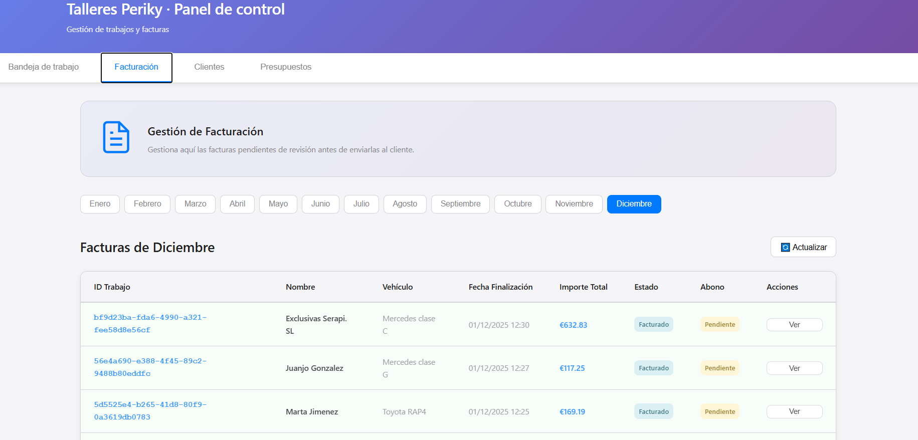Tabla de gestión de facturación